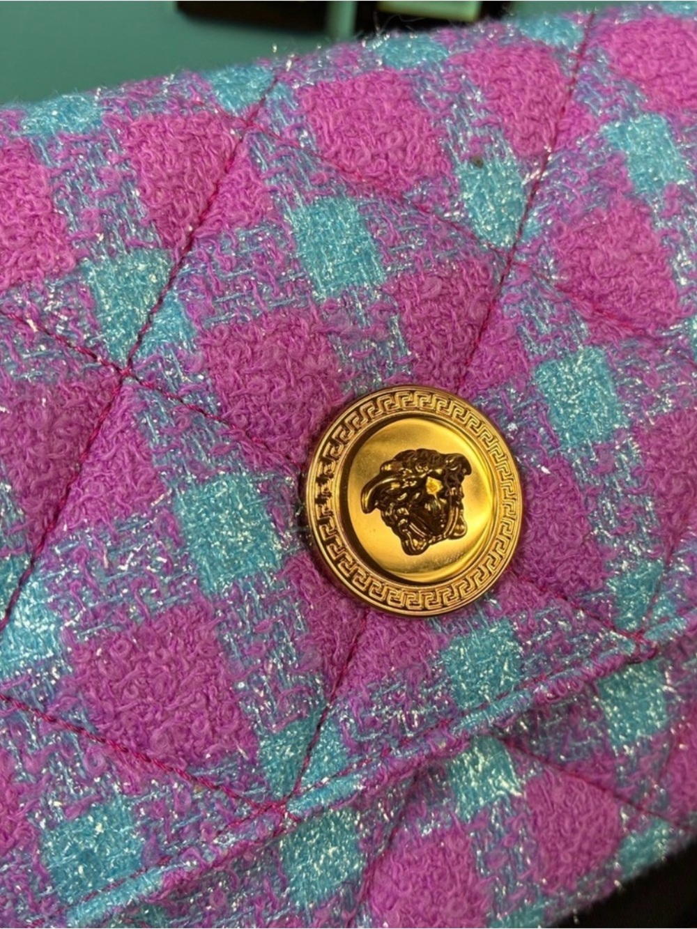 ✨💎NWT💎✨Versace Pink , Turquoise & Purple Tweed Wallet on Chain! - Picture 5 of 9